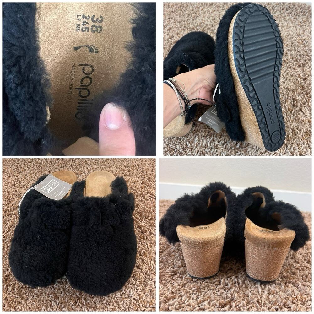 Birkenstock Papillion Black Shearling Cork Wedge Clog Mule EU 38 US 7 Wm’s NWT - Picture 8 of 12